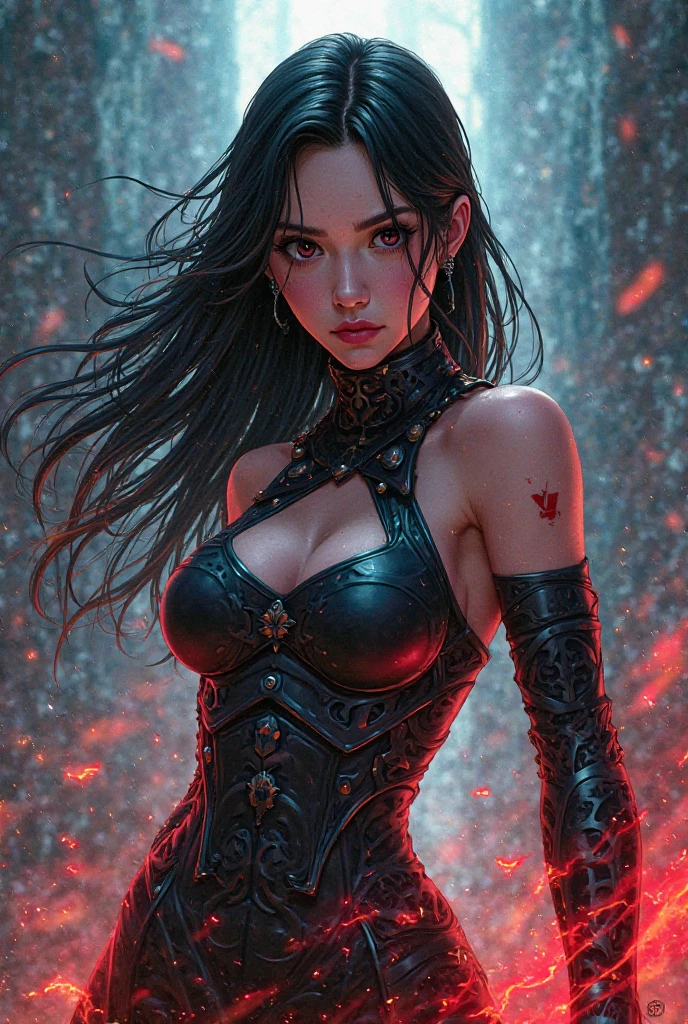Una imagen Hyperrealista, ((Sexy Bayonetta, very long black hair, beautiful eyes, pale body, neckline, dynamic view, clear glasses, running into the battle with demons, holding automatic gun. black and purple steam aura, black sensual suit. demon city at the background, raytraced, viento, paisaje desolador y demoniaco, (aesthetics and atmosphere:1.2), poder, enojada, vengativa, ojos morados, medio cuerpo. (foto cruda, mejor calidad), (realista, photo-realista:1.3), Obra maestra, un extremadamente perfecto y hermoso cuerpo, labios sexys rojos, cuerpo palido extremadamente detallado, Best quality score, ultra dynamic view, close up, high view, dark atmosphere. black hair