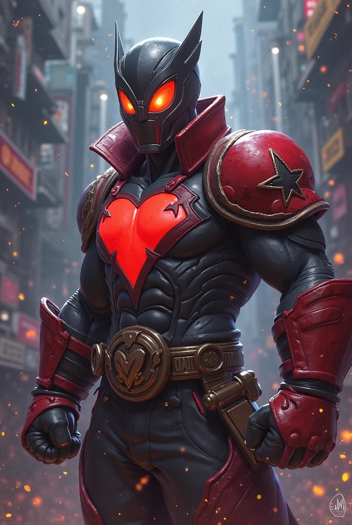 male superhero with red full body uniform, yellow sneakers, red hood with two antennae sticking out of it, yellow heart symbol on chest. --auto --s2