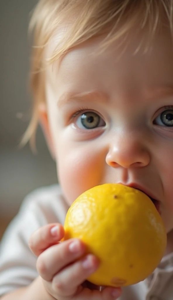 Close photo ,small Russian boy with light brown hair and gray-blue eyes ,smiling eating lemon holding it with hand,against the backdrop of a rural summer landscape, studio photo, 8k rendering,Photorealism,