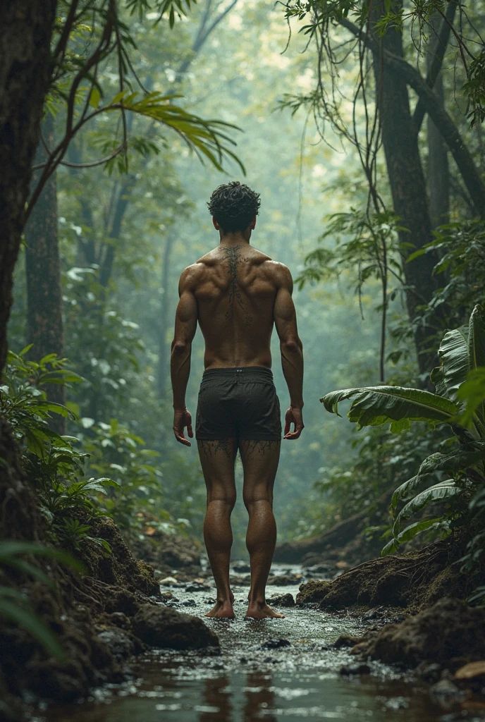 masterpiece. handsome man . Dressed in white linen pants and topless. (heavy rain: 1.3). wet clotheswet hair. Standing in a jungle of giant trees and lots of vegetation. hyperdetailed.photorealistic. high quality.8k