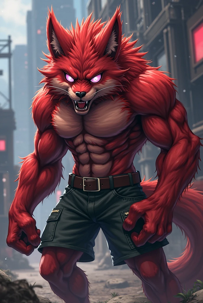 Wolf fur(Red color y negro), red devil's tail, ager(athletic), tight clothes(black color), musculino(teen), ram horns(Red color),Alone (Posing), Violet Wolf Eyes, smile(saca la lengua mientras smile).