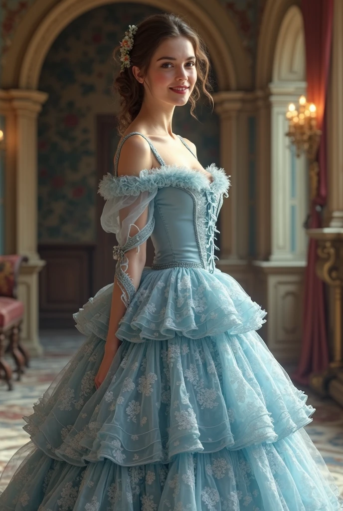 Olivia Cooke, wearing Cinderella costume sexy clothes transparent. professionally retouched, soft lighting, realistic, smooth face, perfect eyes, sharp focus on eyes, 8 k, high definition, insanely detailed, intricate, elegant. in a natural background.