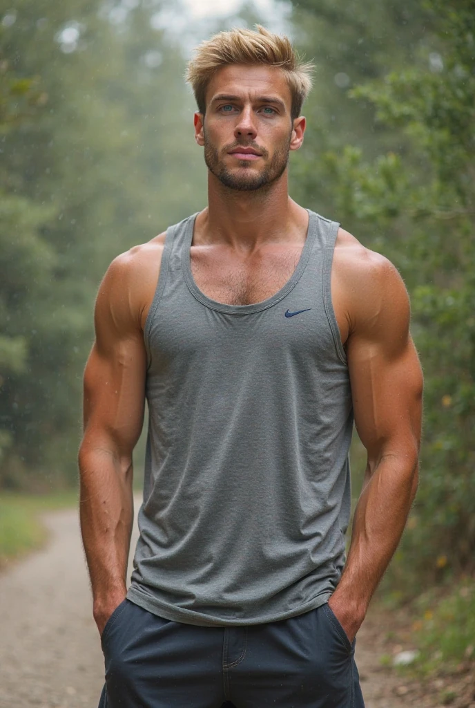 sunny day,sunlit, he has brien tanned skin, which everyone thinks is very sexy, he has perfect handsome chiseled face with gorgeous deep blue eyes,he is walking in a street in a sunny bday, showing off his sexy abs, he has shaved his body hair and shaved pubic hair, he is also wearing a low waist white shorts.he is smiling flirting,