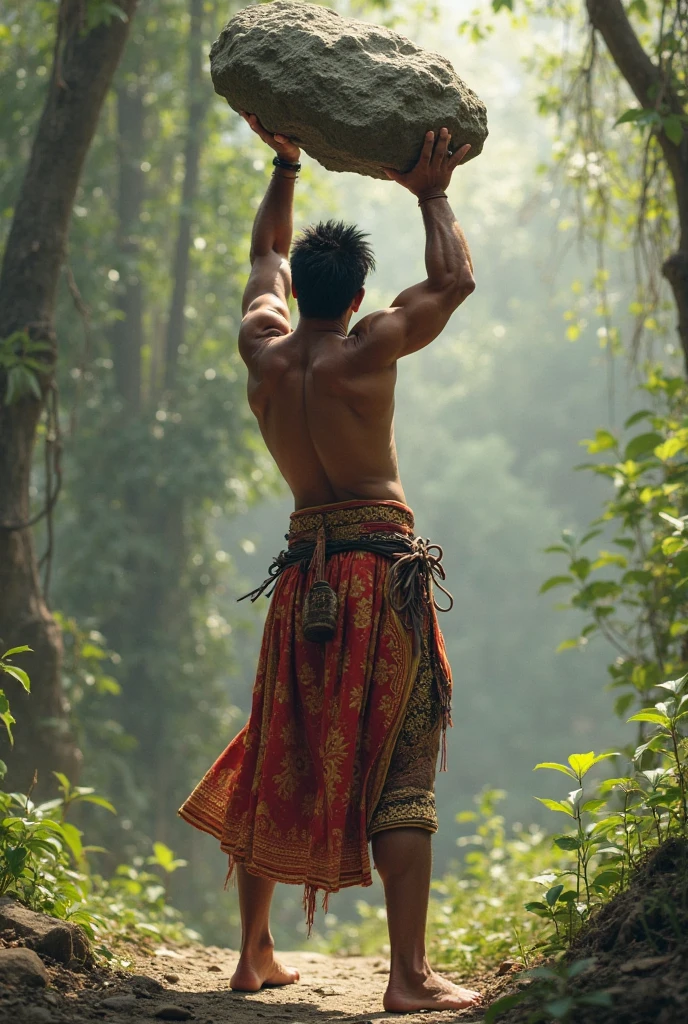 a realistic photography, A man is crucified upside down from a tree, mountain in background, There are yellow ropes at the wrists and ankles, The person should be dressed in traditional Thai ancients blue golden gowith intricate patterns and vibrant colors.wearing head a golden Thai chada, wearing a golden mixed diamonds accessories and jewellery, View from front, facing the image balance, illuminated by natural sunlight. Ensure the image is detailed and three-dimensional, capturing the essence of Thai culture, with a vivid and profound quality. The image should have