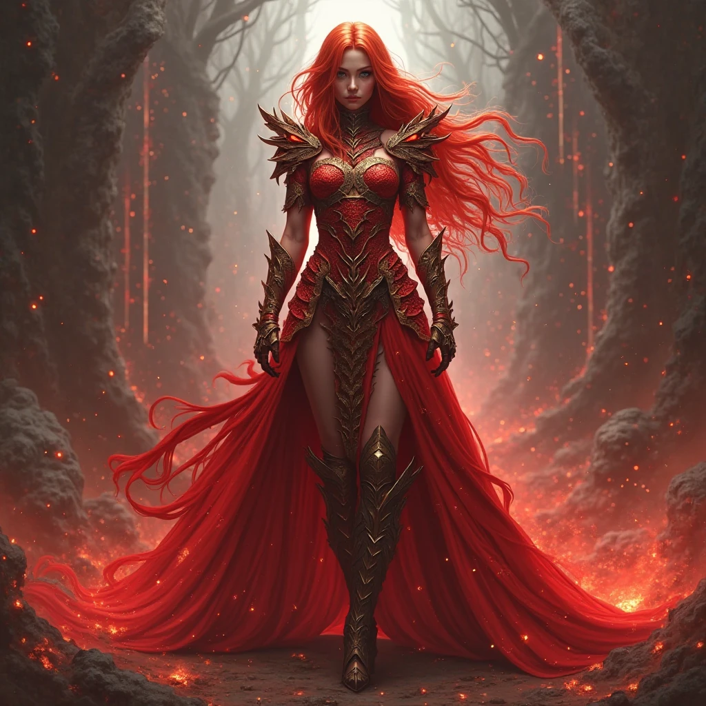 A highly realistic depiction of a fire elf with a striking red appearance. Her entire body is a deep, fiery red, including her glowing red eyes and flowing red hair that resembles flames. Intricate, glowing runes are etched into her skin, radiating a warm light. She is dressed in a detailed, red elven explorer outfit made of leather and fabric, designed for both agility and protection. The outfit features elaborate patterns and magical symbols, highlighting her mystical nature. The setting is subtly illuminated by embers, with warm, realistic lighting accentuating her powerful and otherworldly presence.