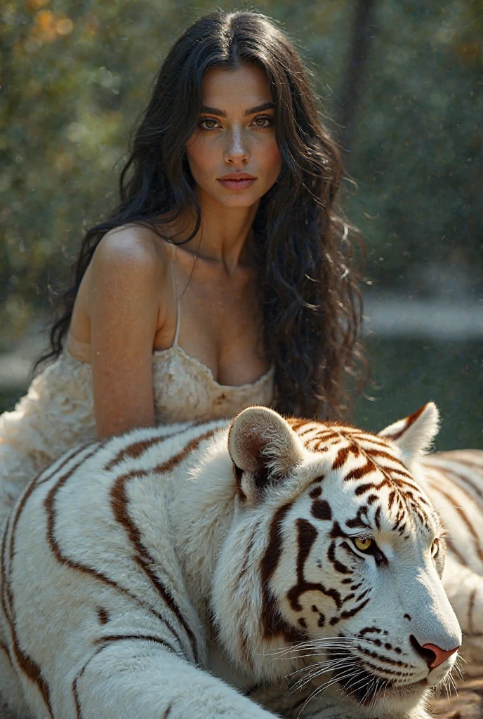 Beautiful , long hair, green eyes, white, makes the tiger her friend