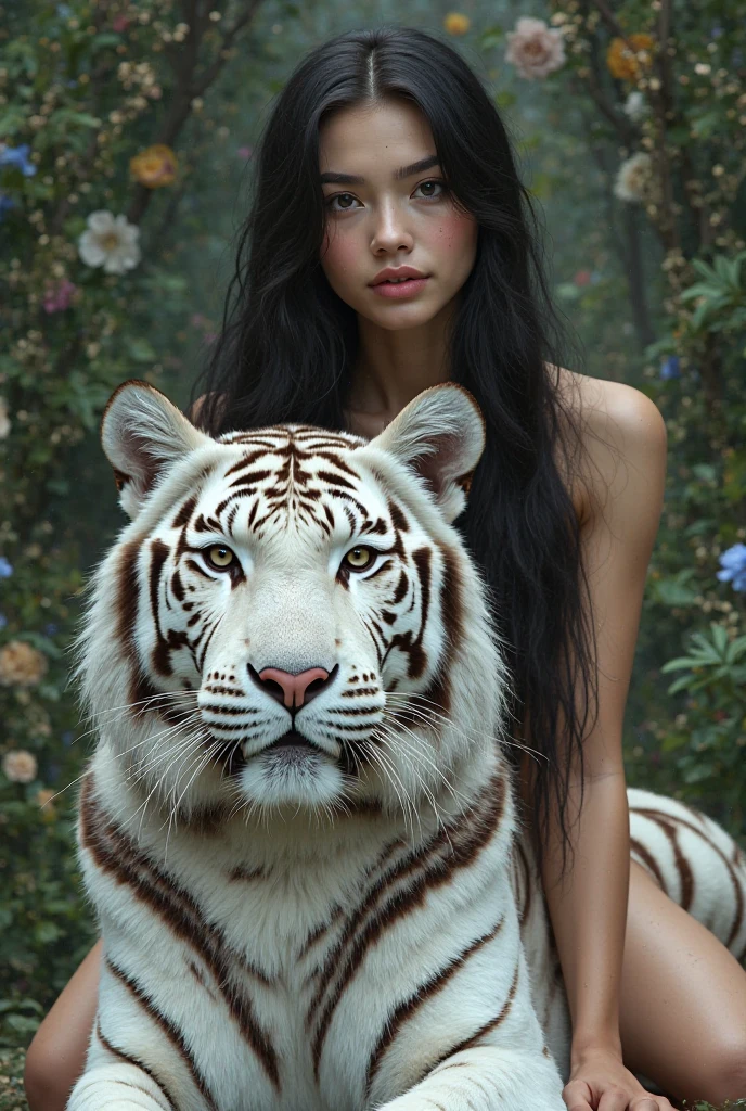 Beautiful , long hair, green eyes, white, makes the tiger her friend