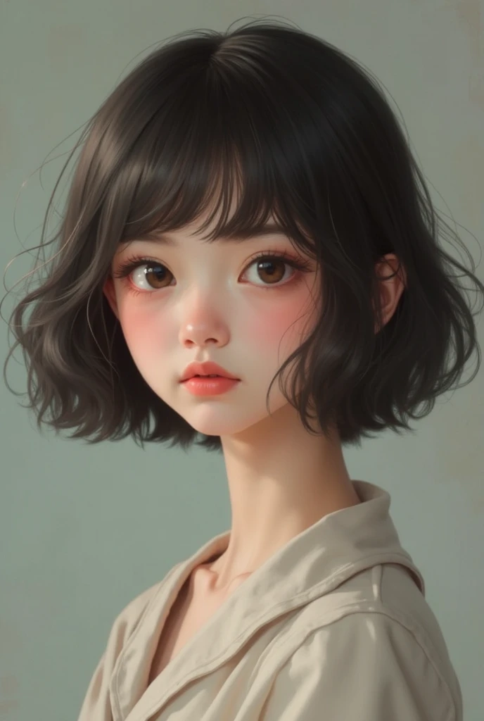 Create a teenage girl , with shoulder length dark brown hair, with freckles, eyes browns, wearing navy blue overalls and an orange blouse, realisitic