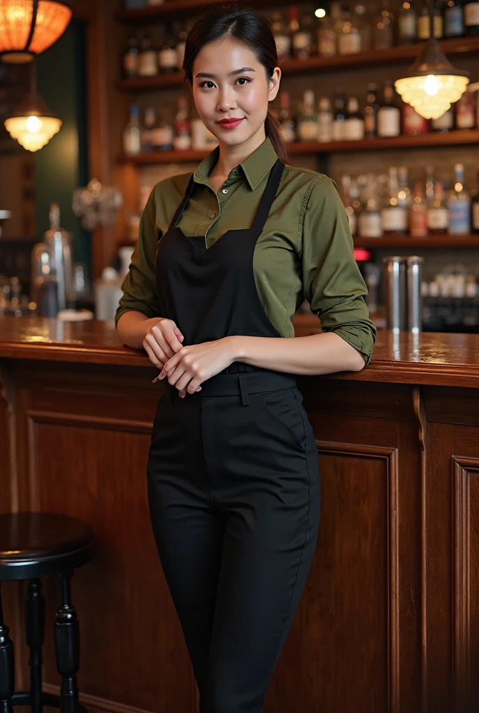 Pretty 20-year-old Latina brunette in a coffee shop behind the counter.. She is wearing a loose and conservative red shirt with red buttons and long sleeves.. She has big round breasts. Her body in sensual and tempting. She also wears loose black pants with black buttons.. not good. Her hair is pulled back in a ponytail and is dark and straight..  Big smile with open mouth., Breasts and stomach are covered.. (((Red shirt uniform))) curvy body. Big breasts and small waist. Wide hips. Make it super realistic. Super realistic details.