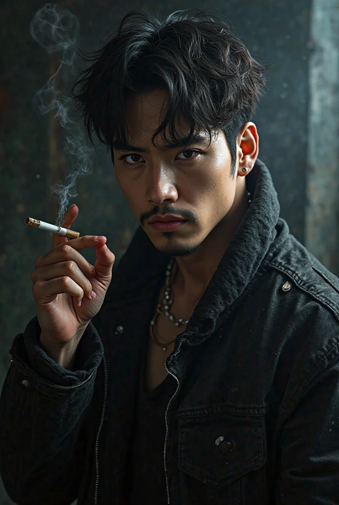 ((High quality)), the best quality, Korean man, Male Korean face, earring in his ear, black hair with long messy strands, ((messy and voluminous hair)), smoking a cigarette, ((with a cigarette in his mouth)), ((stylish black sleeve shirt Long)), stylish shirt with game logo, tattoo on the neck, staring at the viewer. Very handsome and detailed face, male Korean face, ((25 year old man)), young appearance, man Extremely handsome man.