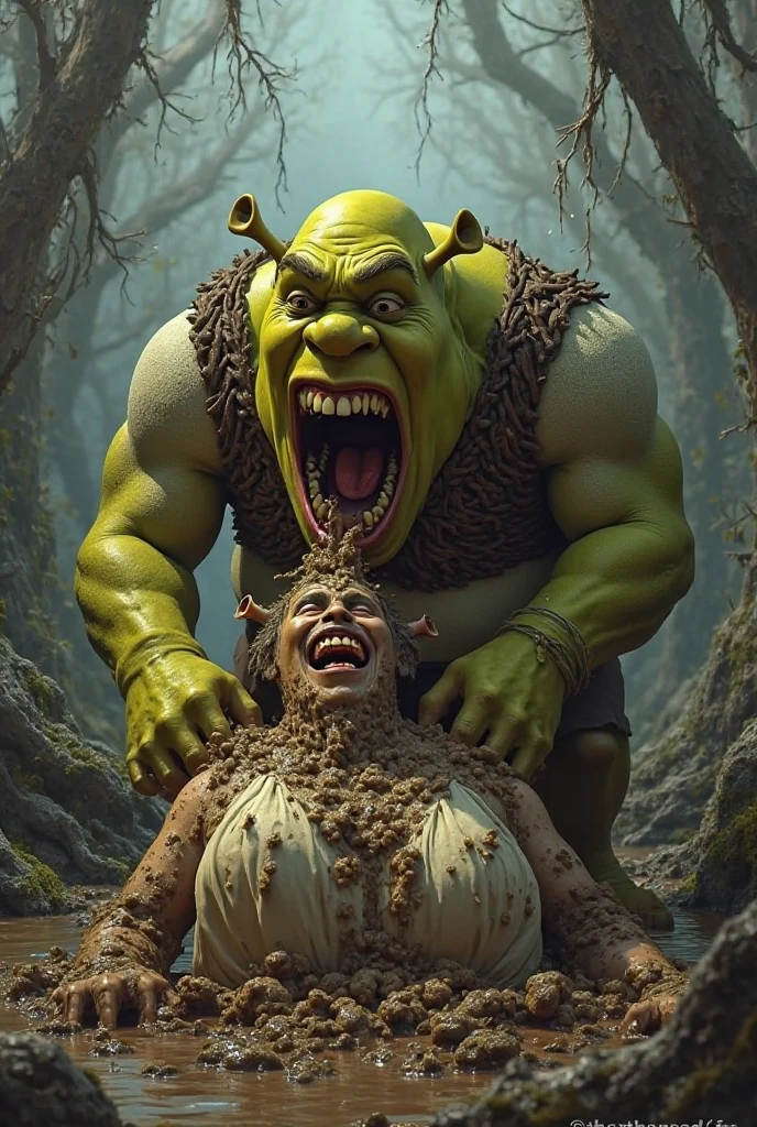 give me an 4k image of shrek naked having relations with a donkey
