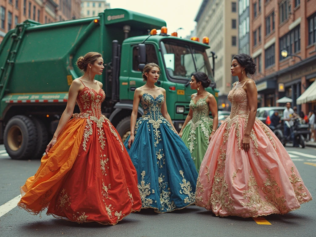 a group of beautiful princesses, dressed for a royal ball (ballgowns, long gloves, tiaras), dancing in the street at night in the rain, wet hair, wet dresses (((drenched))) (((soaked))) (((dishevelled))) (((clinging)))