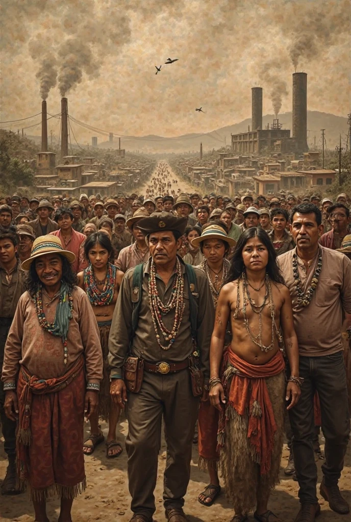 Image of an industrialized city and the indigenous people leaving there in drawing