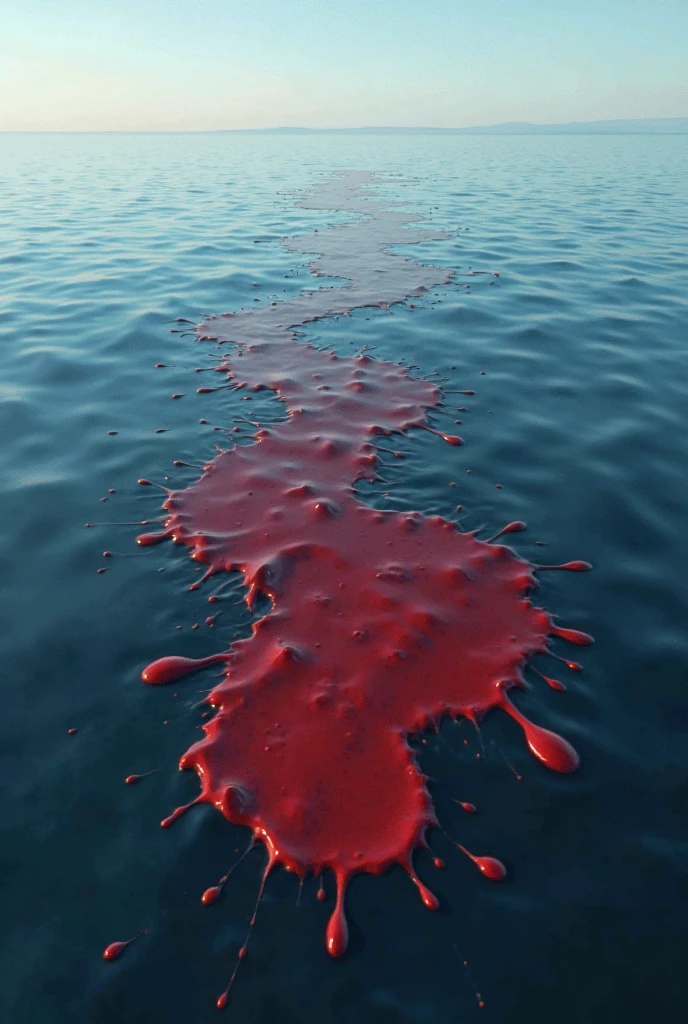 Draw a picture where water from one side of an ocean and blood from the other side are mixed together.