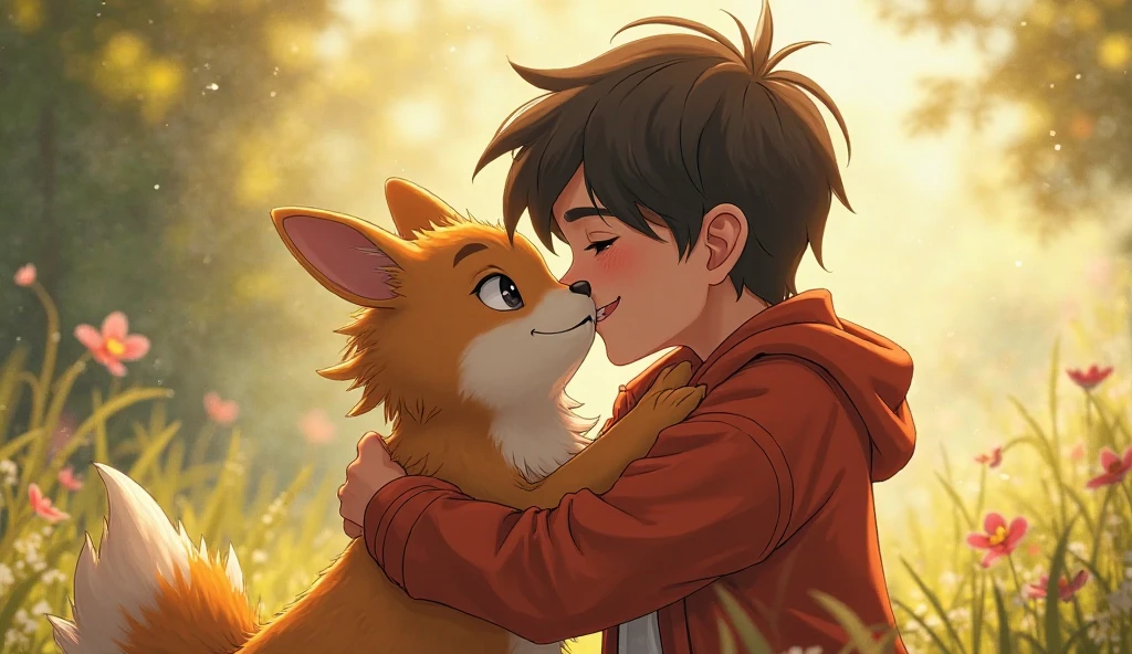 Tails the fox kissing a human boy