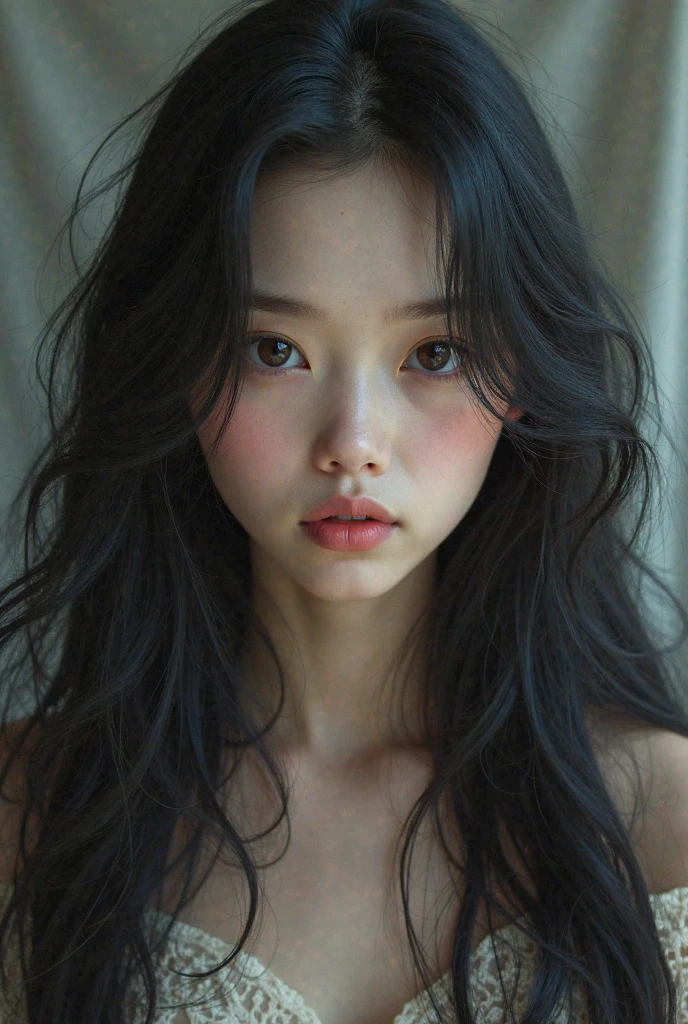 A picture of a beautiful girl with long and graceful black hair and big ...