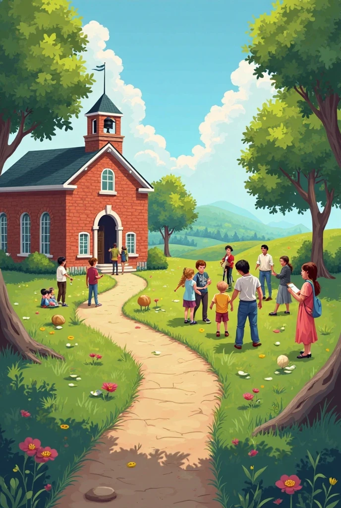 Preteens at camp in the afternoon next to the church