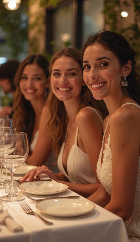 ((8k, highly detailed:1.5, raw photo,photorealistic)),Award Winning Photograph, ((Group shot:1.2, extremely beautiful girls:1.5, welcoming)), extremely beautiful faces, ((wearing identical waitress uniforms:1.2, mini skirt)),( inside large hall:1.2, expensive foods on the table:1.3, dinner time:1.2), (perfect faces, highly detailed faces, perfect eyes), different hair colors, different body types, ((cute faces)), looking at viewer, innocent smiles, playful, cheerful, cleavage, ((attractive feminine body)), smiling, looking at viewer, young girls, teasing expressions, glossy lips, teenage girls, Caucasian, indian, blonde hair, brown hair, wavy hair, ponytail, jewelry, earrings, bracelet, rings, partly naked, seductive, silky skins, joyful, updo, top braid, ponytail