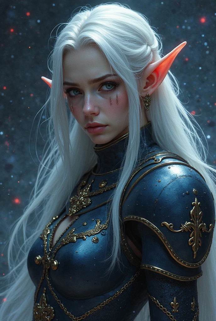 Everquest evil elf ,white eyebrows, eyelashes, curved mouth expression, smooth skin, long flowing platinum white elf hair, neon mako green eyes, gigantic large natural perky breasts,slim waist, curved hips, large heart shaped ass, detailed black red white Necromancer deathknight armor, fantasy two handed claymore, fantasy dnd at night full moon light