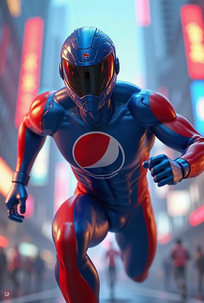 Kamen Rider, his costume color is based on Pepsi. He is standing at a vending machine filled with Pepsi drinks, with a Pepsi factory in the background.