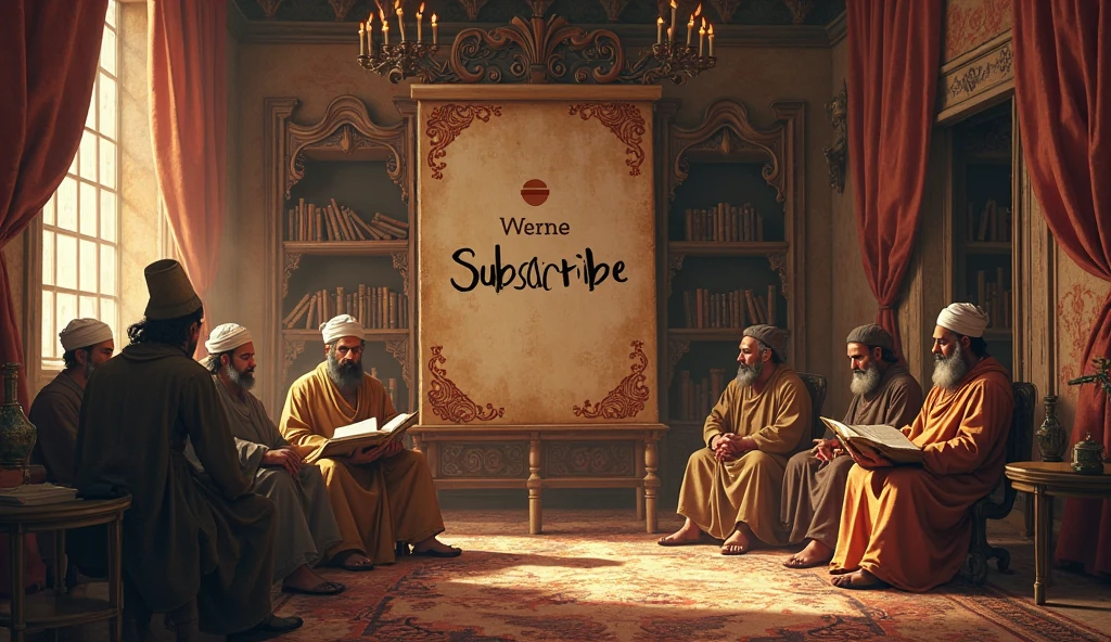 young Islamic scholars with green turban and white clothes doing dhikr  in a library namely rizvi islamic library written on wall