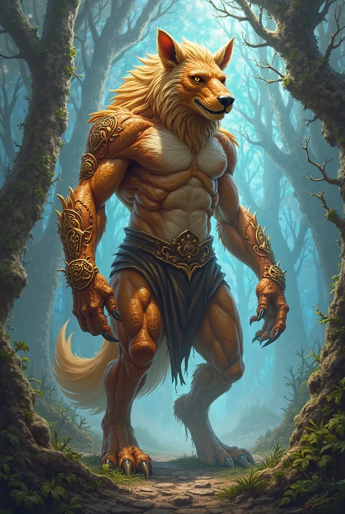 Mejor calidad, obra maestra, high resolution, detallado, Realista, hombre-lobo, monstruo, piel marron, Pose de Jojo, bosque, noche, Luna llena,