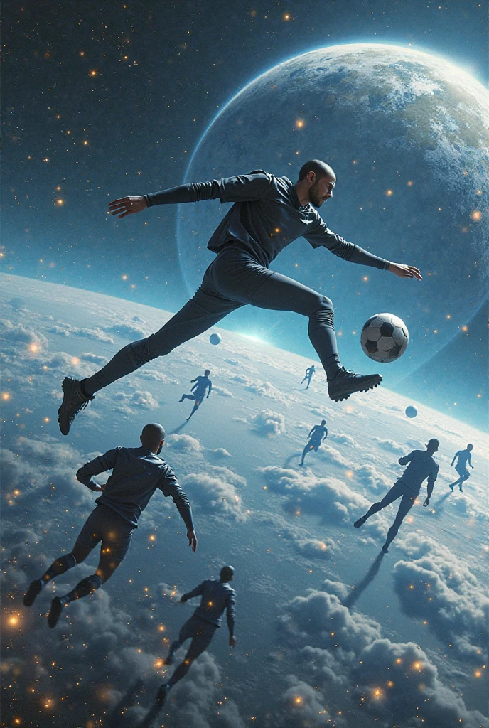 Boy playing football in space 