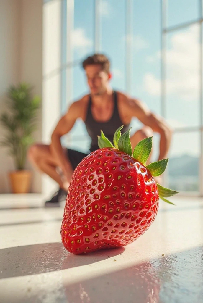 wild berries on top of gym equipment, with a strong man in the gym with blurred background