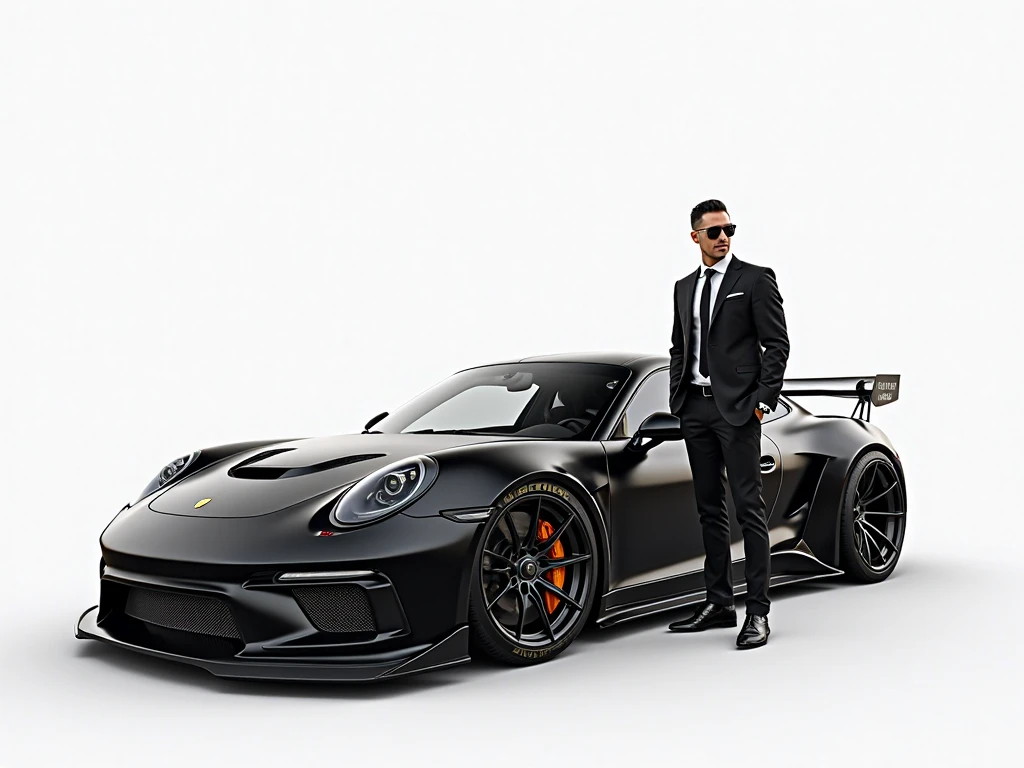 Spor car and next to standing on a black man, white background - SeaArt AI