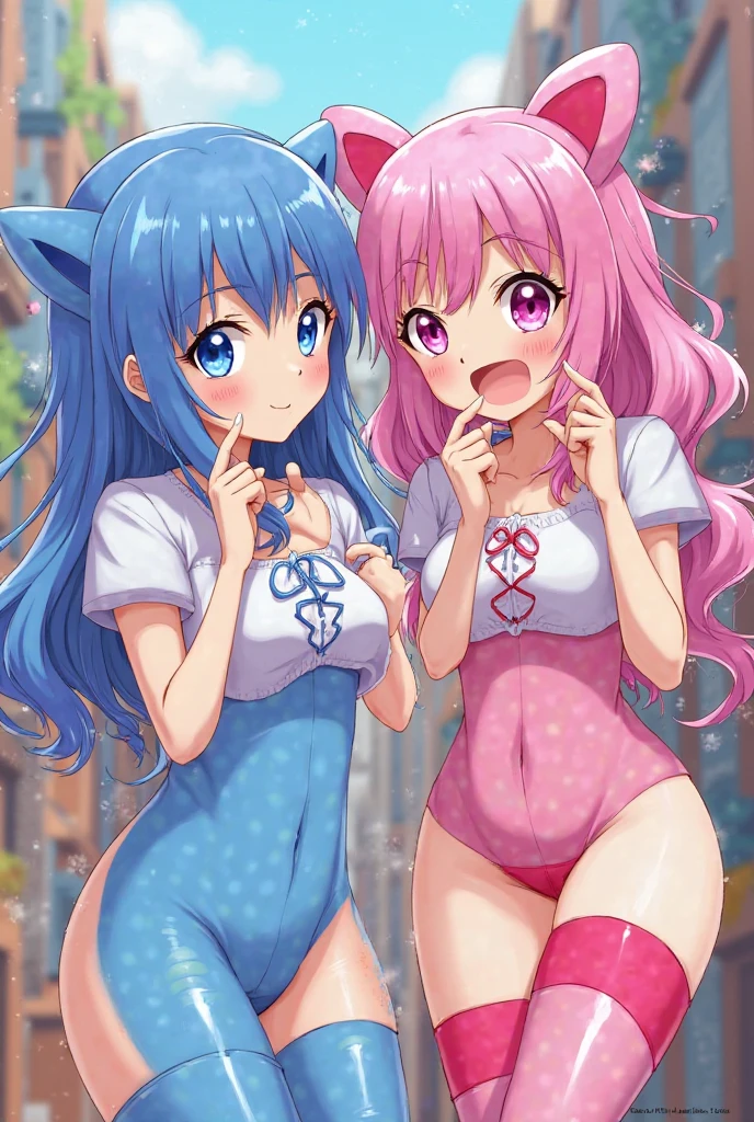 nsfw,ffm,Two Girls,Nipples,On all fours,panties,penis,blowjob,Long Tongue,Light blue hair,Light pink hairstyles,Cat ear,Pink Eyes,light blue ta,White socks,,Pink ribbon,Laughing with your mouth open,Best image quality,Highest quality