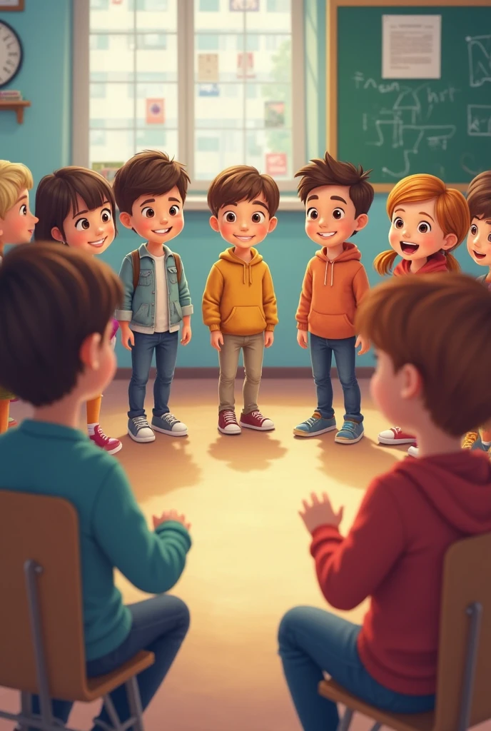 In classroom 5 students boys 20 years old, setting on a long chair, with laughter
One boy chubby
One boy little and lean
One boy smart and smile
One boy serious
One boy good