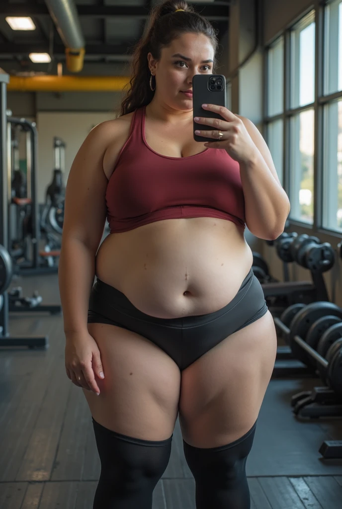 SHort stocky girl with enormous breasts, tight midsection and thick quads. standing in they locker room, wearing tiny gym clothes
