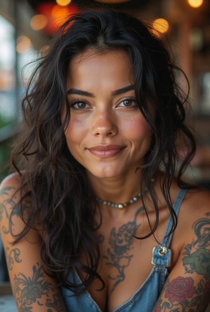 Portrait of Viviane, expecting, alluring, attractive, Rio de Janeiro, warm eyes, curly hair, confidence, joy, and sensual, striking tropical ensemble, mini skirt, fishnet stockings, high-heeled boots, Croach tattoo, mystery, allure, innocent appearance, vibrant colors, red flower, right shoulder, tan skin, warm sunset lighting, intricate details, attire, body art, facial expression, sensuality, boldness, realism, high definition, 8K resolution, clarity, details, visually captivating, authentic, tropical ambiance, captivating presence, realistic photography, HD, 8K.