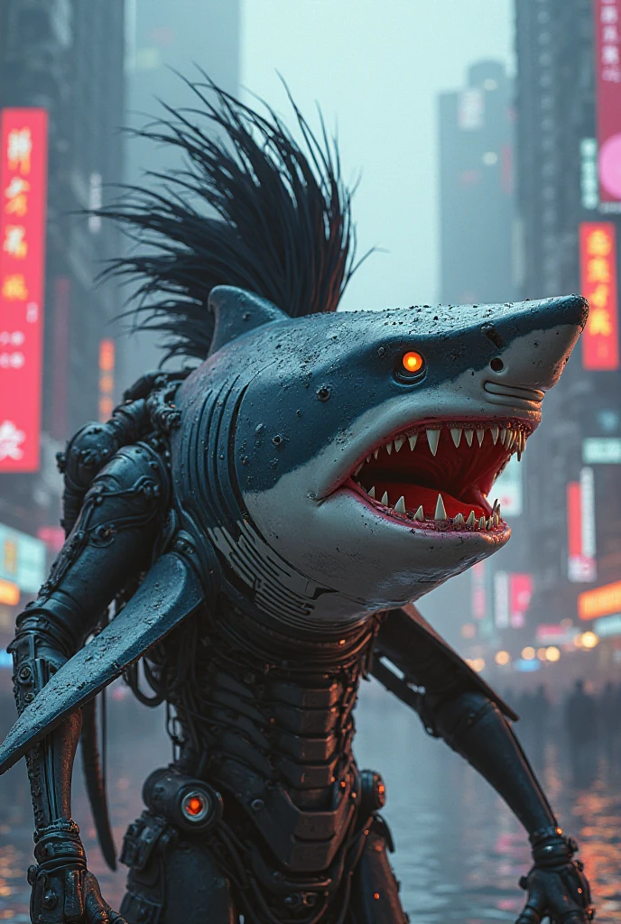 cyberpunk cyborg shark, multiple mechanical insect legs, terrorizing women on the streets of Bangkok, damsel in distress, women being eaten, highly detailed, 4k, photorealistic, cinematic lighting, gritty urban environment, neon lights, rain effects, dramatic poses, extreme tension and fear on faces, dark and moody color palette, sinister and ominous atmosphere