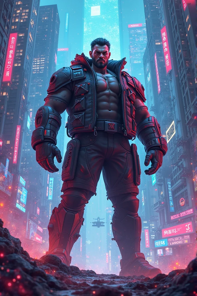 Orc hologram red big complexion and bearded ex-policeman with urban clothing in a futuristic world