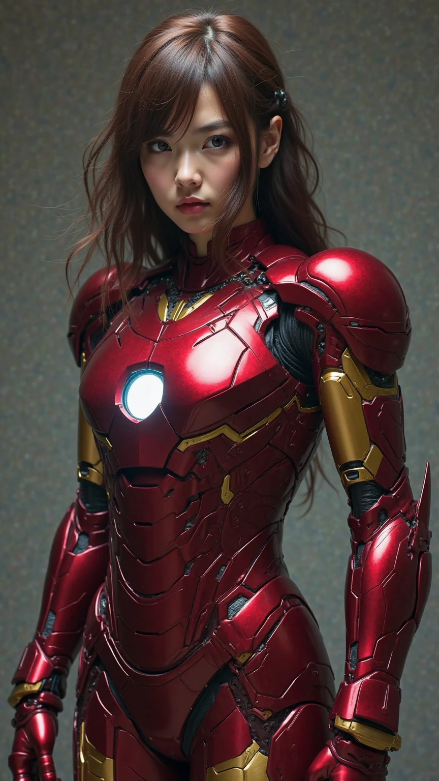 ((masterpiece, 8K, 3D, Realistic, Super Detail)), (1girl:1.3), slender 17 age, Ultra Micro photography, Super realistic, Perfect face, Beautiful features, ((Perfect female body)) Beautiful features, ( body), ((small hips)), Lisa Blackpink as ironman ((Exposed thigh)), Exposed Skin, Front Full body Shot, full body portrait, futuristic city background