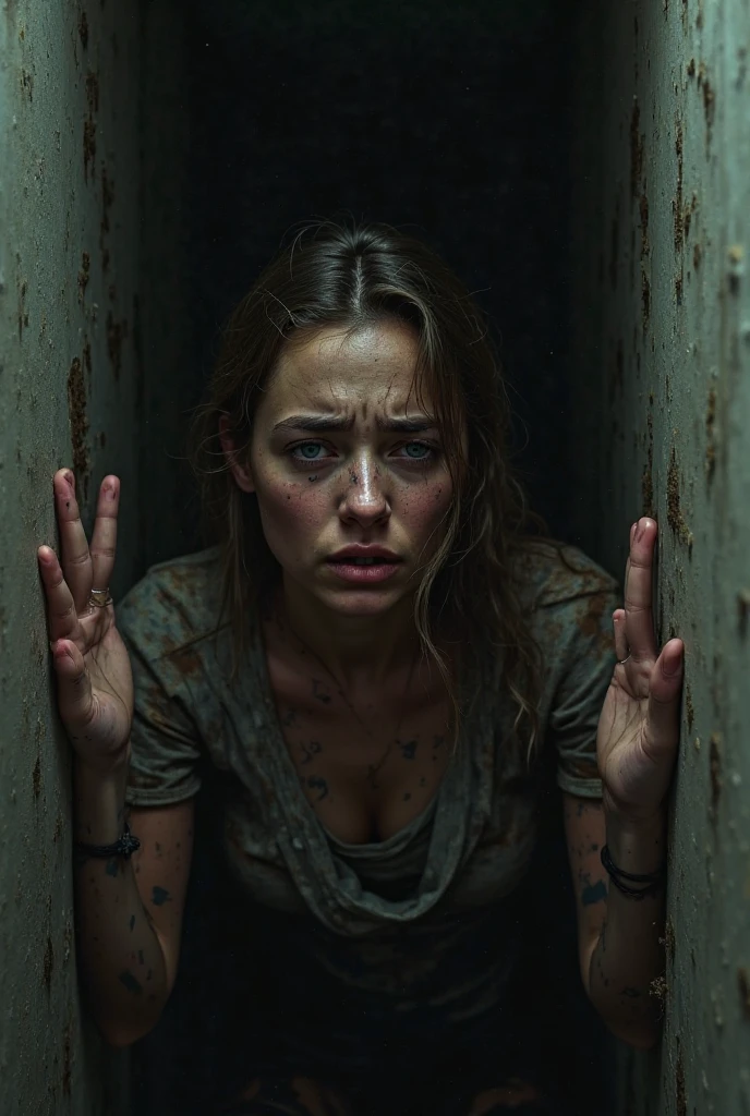 Realistic high angle shot of a very dark room filled with black cockroaches, In the middle of the room, emerging from among the cockroaches, a European woman looking up at the ceiling, arms open, very light skin, His mouth is open and his eyes are closed. Cockroaches are crawling on his body and eyes., claustrophobic image, Outside light enters through a grating in the ceiling, The light projects the shadow of the bars on the woman and the cockroaches. The room is gray cement with humidity, the atmosphere is sinister, distressing.