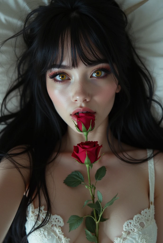 there is a woman that is holding a rose in her hand, soft devil queen madison beer, madison beer, holding a rose, kylie jenner, with flowers, mia khalifa, :: madison beer, holding a red rose, laying on roses, very very low quality picture, portait of haifa wehbe, violet myers, holding a rose in a hand, profile image