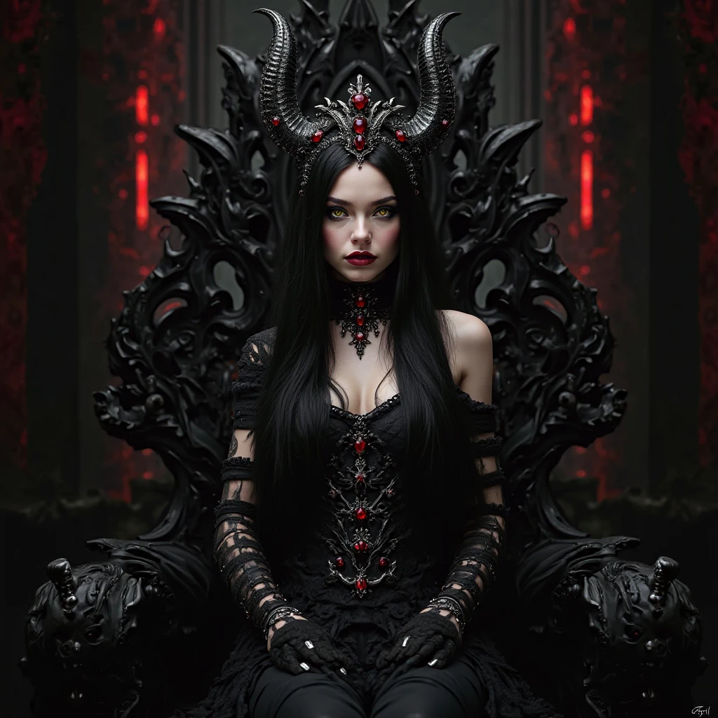 Beautiful Canadian goth woman, very thin toned body, many tattoos, pagan, long black hair, wearing black spike collar, glowing red eyes, wearing black corset, in hell, sitting on throne