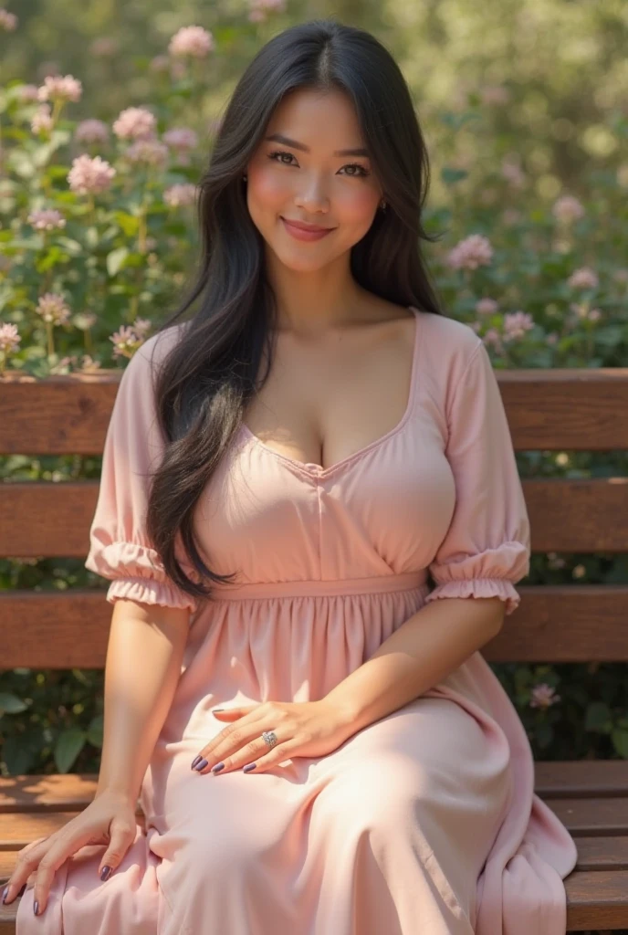 RAW, Best quality, high resolution, masterpiece: 1.3), beautiful Malay woman, Masterpiece, perfect fit body, big breasts, beautiful big eyes, long hair, brown hair, Soft smile, thick thighs, Beautiful Malay woman in Short purple floral dress sitting on a wooden chair, Her face smiling, Beautiful and moving。Her long hair draped thinly over her shoulders, fluttering slightly, She seems to be enjoying a peaceful time, The surrounding atmosphere full of warmth and tranquility, The red chair adds A touch of vibrancy and bright color to her image, contrasting with the Short purple floral dress she wears, attracts attention, the whole image exudes a relaxed and pleasant atmosphere, warming the heart