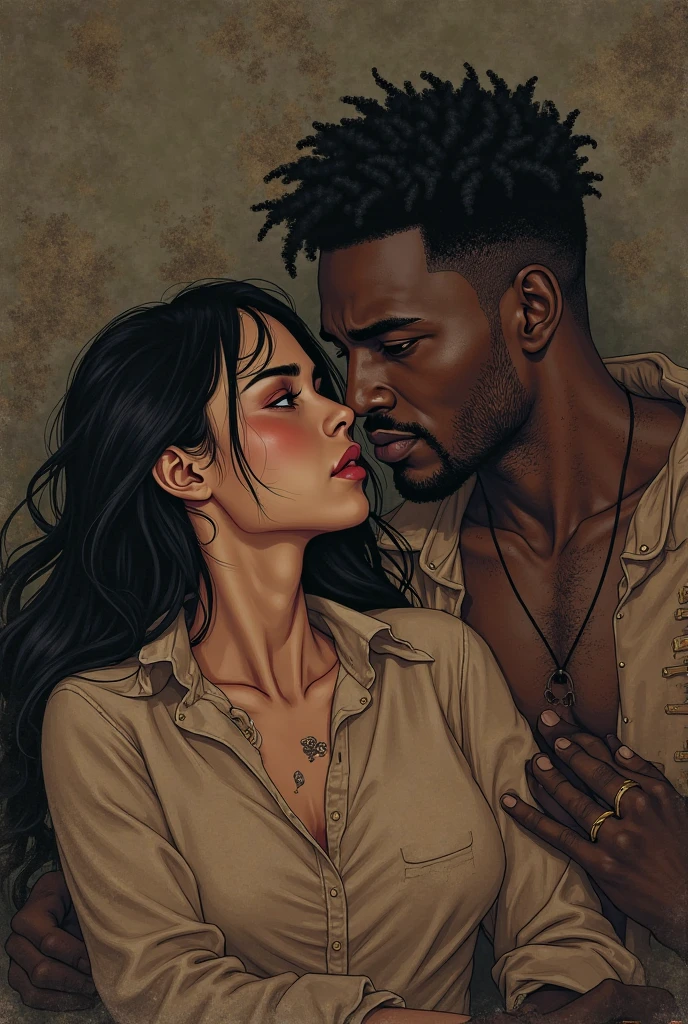 Make a drawing as if it were the cover of a dark romance book, a black-skinned woman with long, curly hair was holding a knife to her fiancé's neck, who also had a knife to her neck, such man was blond, he had purple eyes and looked at her with desire, but she looked at him with hate