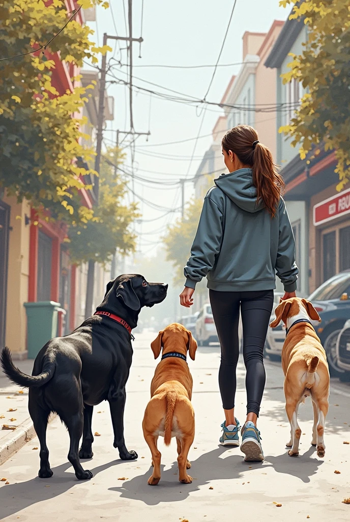 draws three dogs on a street in a Latin neighborhood, A black Labrador breed dog that looks serious, a Labrador breed dog but smaller and skinnier with its blond coat and a beagle dog with a playful look, The dogs are being fed leftover food that is being given to them by a woman who passes by the street who is wearing a sports jacket with leggings and sneakers for running