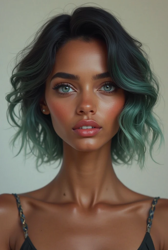 dark-skinned, coffee-colored, freckles on the face, eyes glowing green, broad strokes, wavy and voluminous blue hair, short shoulder length hair.