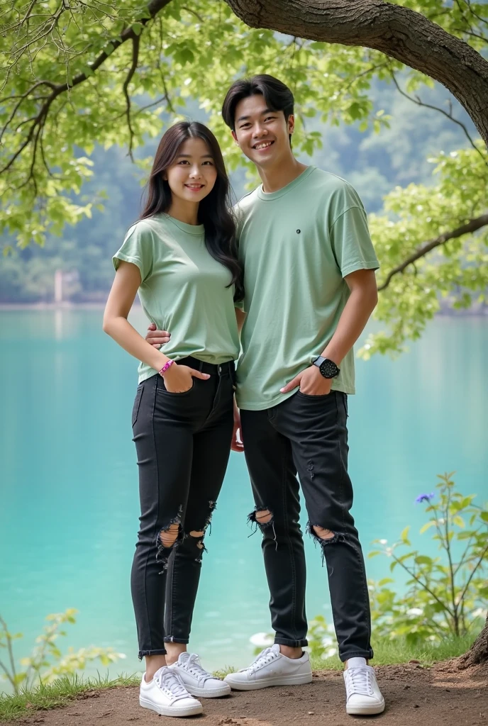 An animated couple of lovers The boy with a black t-shirt and classic cut and the girl with a light blue blouse and black hair Both hugging among the grass