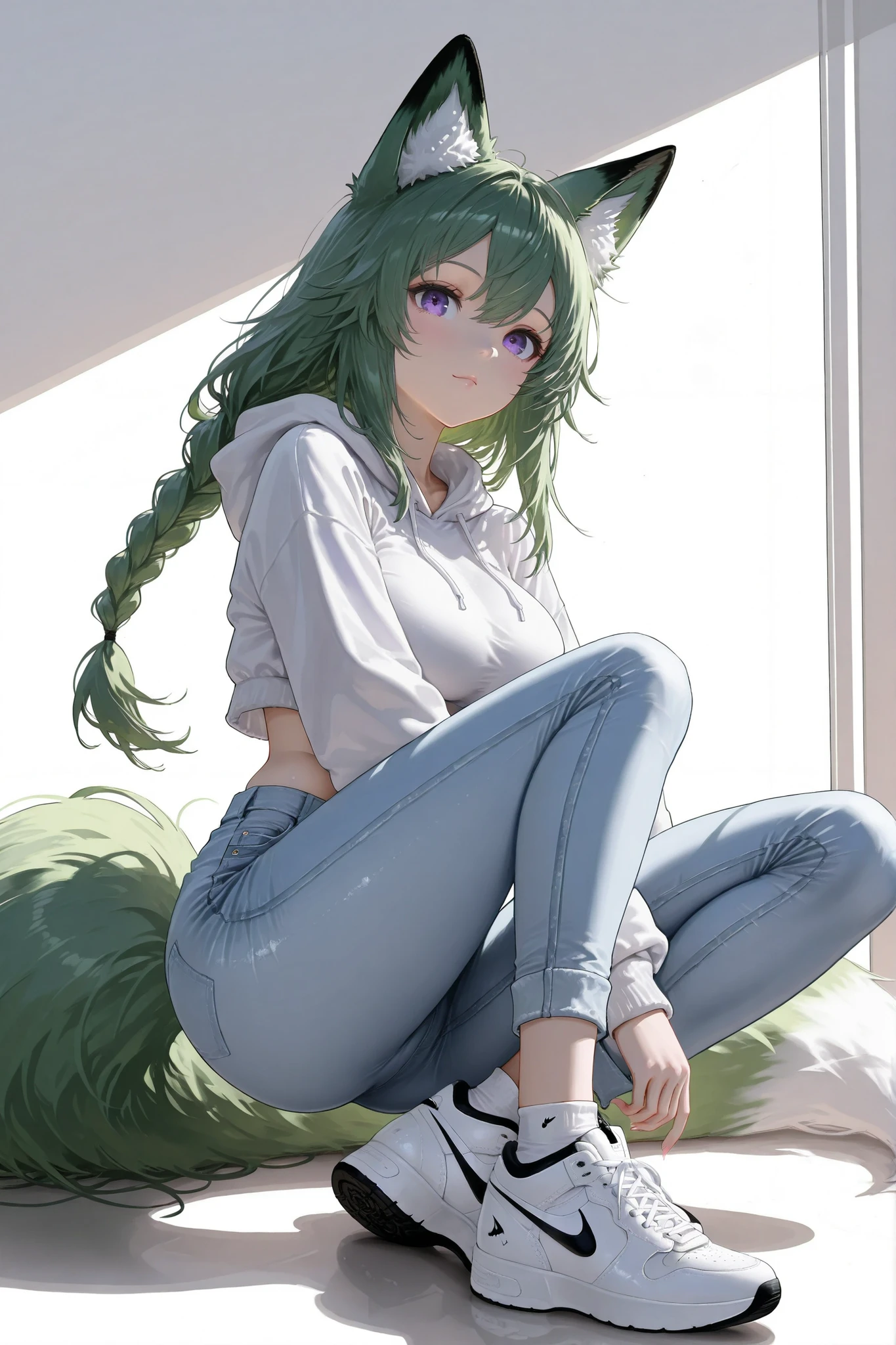 1fox girl,sexy,fox girl ,purple eyes,green Hair,braided ponytail,big Breasts
wearing casual sneakers with ankle socks,
white Nike Air Force 1 sneakers, light blue denim jeans,
wearing a lightweight cropped hoodie in pastel pink,
relaxed and sporty vibe, natural pose,
fashion photography studio background, soft lighting, clean minimal aesthetic,
BREAK masterpiece,best quality,amazing quality,aiu2,photorealistic,high-resolution,newest,illustration,official art,art style,fantasic illustration,(real skin:1)