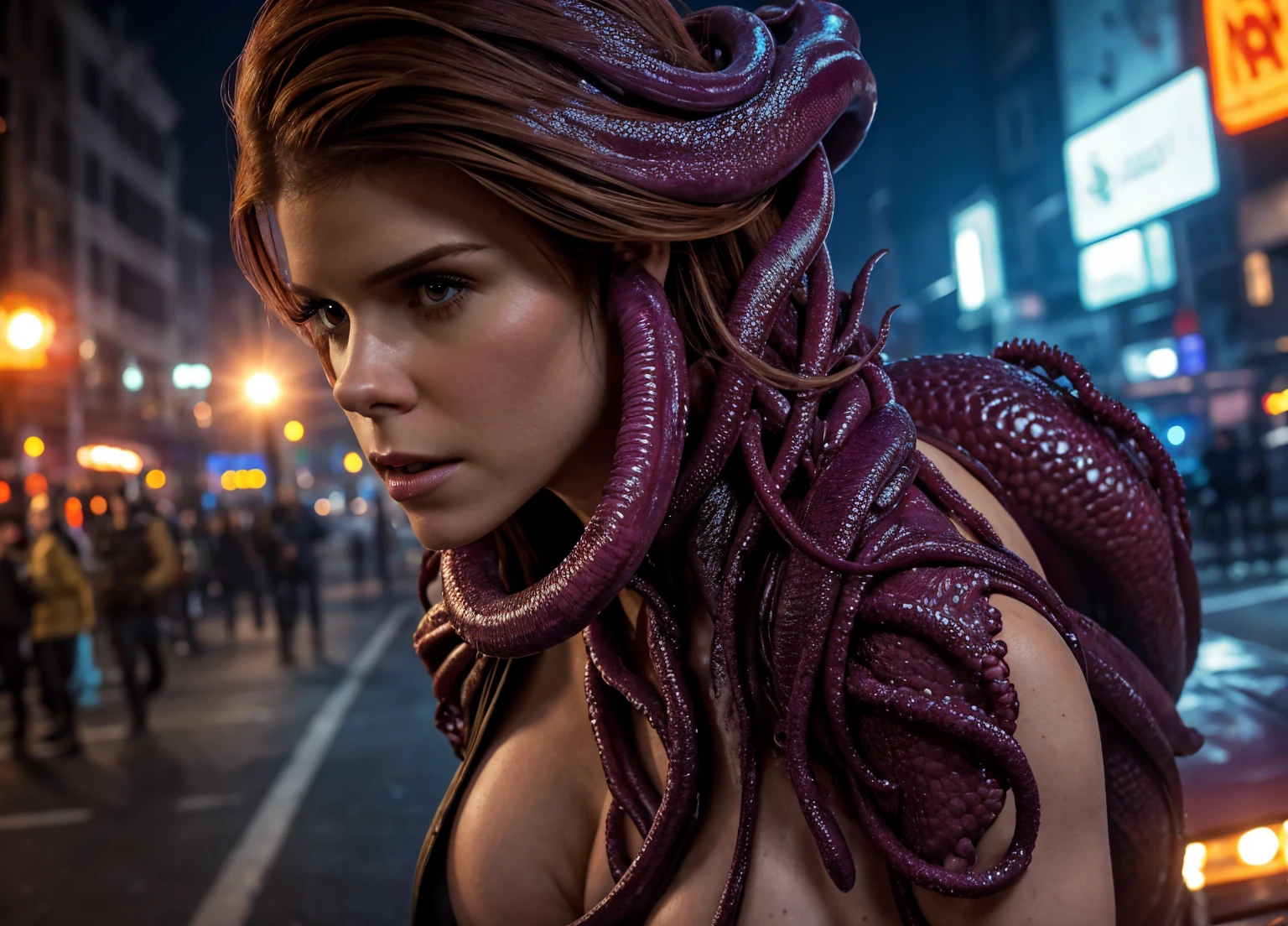 A beautiful woman (Kate Mara) with attractive features, detailed eyes, and full lips, being sexually assaulted by a tentacle monster in broad daylight on a city street, the monster penetrating her from multiple orifices as it releases its viscous fluids all over her body, masterpiece, 4k, hyperrealistic, dark fantasy, highly detailed, dramatic lighting, cinematic composition, intense colors