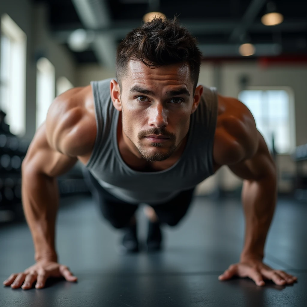 A tall, white Korean man with no beard and an angelic face, working out