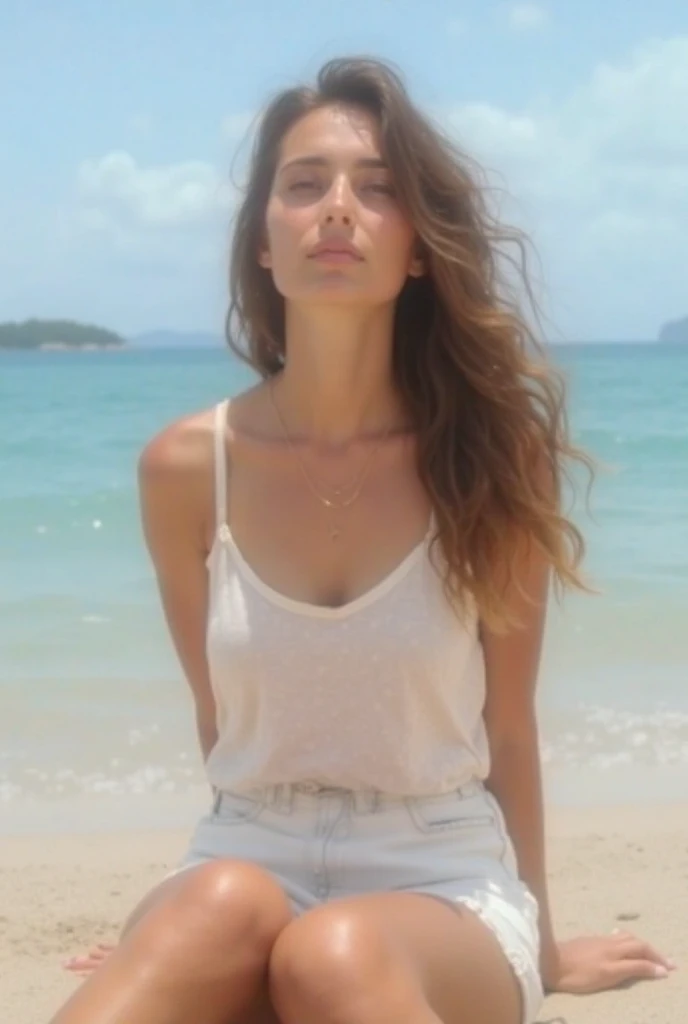 Close up Portrait photo of a beautiful face Japanese kawaii woman,still from the film, (Anne Hathaway look alike face: 0.9), in a crop top and shorts on a beach, ultra realistic photography, Leica SL3, Summicron-SL 75 f/2 ASPH, Kodak Gold 200 film, silhouette, shallowed depth of field,