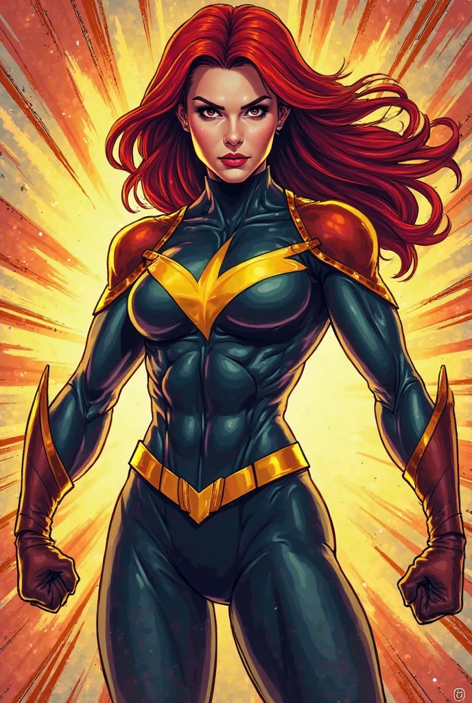 X-Men,Fato de Pheonix,Superheroíne,cores vibrantes,fierce expression,Olhos Detalhados,cabelo ruivo comprido,chamas ardentes,telecinesia,emocional,Batalha intensa,Mystical background,melhor qualidade,contour highlighted in high resolution,estilo de quadrinhos,formato widescreen,com contraste ajustado,HDR,sharpened details,energeticlighting, seios grandes, sexy