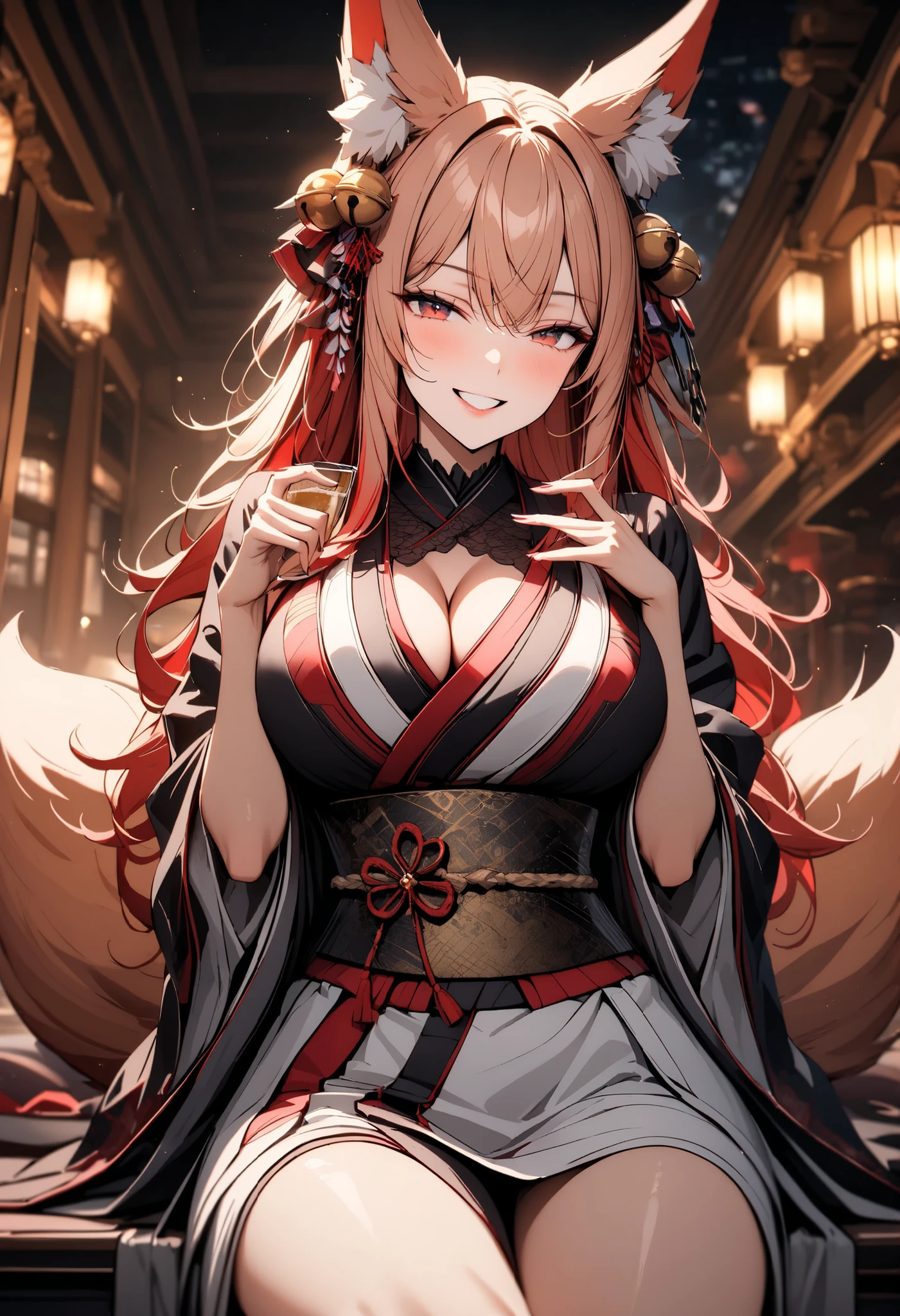 (a cute vixen with fox ears,red:1.1,beautiful detailed figure,blushing:1.1,smiling:1.1,red aura:1.1),traditional Japanese clothes(mini kimono,loose sleeves:1.1),nine tails,standing in a dark room, dimly lit with a single source of light,soft shadows,silent ambiance,illuminating the vixen's face and clothing,creating a mysterious atmosphere,strong contrast between light and shadow,subtle highlights on the vixen's shiny hair,eyes sparkling with curiosity and playfulness,soft lighting emphasizing her delicate features,detailed folds and patterns on her clothing,exquisite floral embroidery on the kimono,traditional Japanese patterns on the obi,faint scent of cherry blossoms in the air,cozy warmth emanating from the lanterns,subtle reflections on the polished wooden floor,whispering echoes in the background,translucent paper screens casting gentle shadows,sensational colors blending harmoniously,subtle shades of red and gold creating an elegant oriental palette